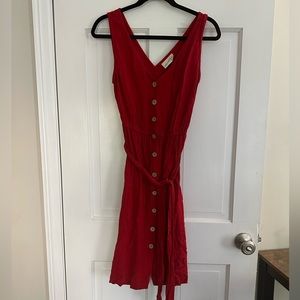 Red button front linen dress with tie waist